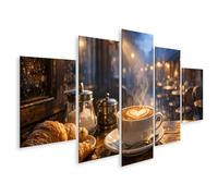 islandburner Tableau sur toile motif café vapeur avec croissants dans une atmosphère romantique de café - 5 pièces