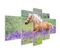 islandburner Tableau sur toile Motif cheval majestueux dans un champ de fleurs Décoration murale pour salon Pour les amoureux de la nature 5 pièces