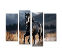 islandburner Tableau sur toile - Motif cheval noir majestueux dans la nature - 4 pièces