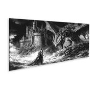 islandburner Tableau sur toile motif chevalier contre les dragons devant le vieux château en noir et blanc