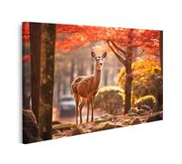 islandburner Tableau sur toile Motif chevreuil dans la forêt d'automne entre feuilles rouges Lumières de la nature Images murales Poster