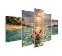 islandburner Tableau sur toile motif cochon flottant dans la lagune des Caraïbes avec rayons de soleil - 5 pièces