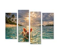 islandburner Tableau sur toile motif cochon flottant dans la lagune des Caraïbes avec rayons de soleil - 4 pièces