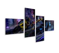 islandburner Tableau sur toile Motif course de moto futuriste dans une ville illuminée néon 4 pièces Édition F1