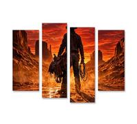 islandburner Tableau sur toile - Motif cowboy solitaire au coucher du soleil - Décoration murale occidentale - 4 pièces