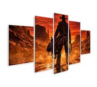 islandburner Tableau sur toile - Motif cowboy solitaire au coucher du soleil - Décoration murale occidentale - 5 pièces