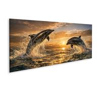 islandburner Tableau sur toile motif dauphins dans un saut au coucher du soleil - Décoration murale pour les amoureux des animaux - Panorama