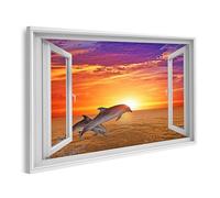 islandburner Tableau sur toile Motif dauphins volant à travers le coucher du soleil depuis une fenêtre ouverte Images murales Poster
