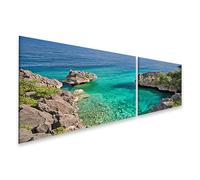 islandburner Tableau sur toile - Motif eau turquoise et rochers accidentés - Décoration murale pour les amoureux de la nature - 2 pièces