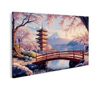 islandburner Tableau sur toile Motif fleurs de cerisier sur le Fuji avec pagode et pont 1 pour salon amateur d'art