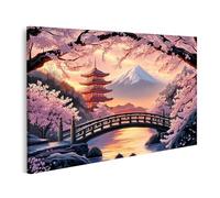 islandburner Tableau sur toile Motif fleurs de cerisier sur le mont Fuji avec temple et pont pour salon, amoureux de la nature, studio de massage, images murales