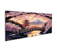 islandburner Tableau sur toile Motif fleurs de cerisier sur le mont Fuji avec temple et pont pour salon, amoureux de la nature, studio de massage, images murales