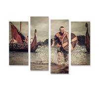 islandburner Tableau sur toile motif guerrier viking dans l'eau avec bouclier et épée - 4 pièces