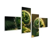islandburner Tableau sur toile Motif jeunes feuilles de fougère avec gouttes d'eau dans une lumière douce - 4 pièces - Edition V1