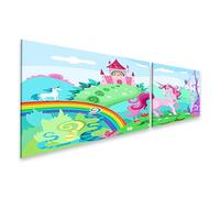 islandburner Tableau sur toile motif licorne rose dans le pays des contes de fées coloré avec château et arc-en-ciel