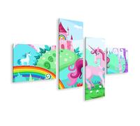 islandburner Tableau sur toile motif licorne rose dans le pays des contes de fées coloré avec château et arc-en-ciel
