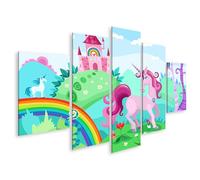 islandburner Tableau sur toile motif licorne rose dans le pays des contes de fées coloré avec château et arc-en-ciel