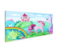 islandburner Tableau sur toile motif licorne rose dans le pays des contes de fées coloré avec château et arc-en-ciel