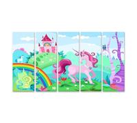 islandburner Tableau sur toile motif licorne rose dans le pays des contes de fées coloré avec château et arc-en-ciel