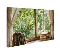 islandburner Tableau sur toile - Motif livres sur l'ancienne fenêtre sur le vert - Pour bibliothèque, amateur de livres, librairie, images murales