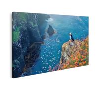 islandburner Tableau sur toile motif macareux sur une falaise avec vue sur la mer et fleurs pour salon amoureux de la nature boutique images images murales poster