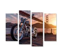 islandburner Tableau sur toile Motif moto au coucher du soleil devant le pont pour salon amateur de moto Atelier de moto Images murales Poster