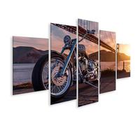islandburner Tableau sur toile Motif moto au coucher du soleil devant le pont pour salon amateur de moto Atelier de moto Images murales Poster