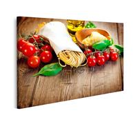 islandburner Tableau sur toile Motif pâtes, basilic, huile d'olive et tomates cerises rustiques