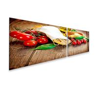 islandburner Tableau sur toile Motif pâtes, basilic, huile d'olive et tomates cerises rustiques