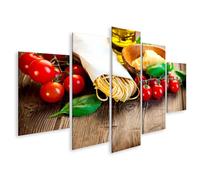 islandburner Tableau sur toile Motif pâtes, basilic, huile d'olive et tomates cerises rustiques