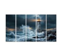 islandburner Tableau sur toile - Motif phare dans un lac orageux avec des vagues réfractives - 5 pièces XXL - Edition Y2