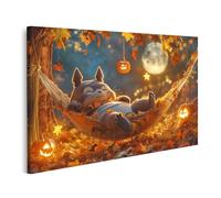 islandburner Tableau sur toile motif raton laveur détendu dans un hamac sous les feuilles d'automne et citrouilles d'Halloween