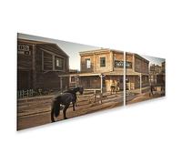 islandburner Tableau sur toile Motif Saloon dans le Far West, avec cheval et personnes, tableau mural 160 x 40 cm