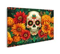 islandburner Tableau sur toile - Motif tête de mort et fleurs colorées pour le jour des morts - Tableau mural - Poster