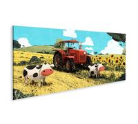 islandburner Tableau sur toile - Motif tracteur joyeux à la ferme - Décoration murale pour chambre d'enfant - Pour petits explorateurs - Panorama