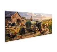 islandburner Tableau sur toile Motif tracteur rustique à la ferme avec vaches et tournesols - Panorama