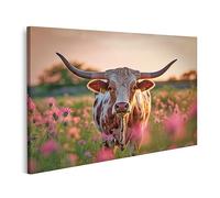 islandburner Tableau sur toile Motif vache Longhorn à côté d'une fleur violette