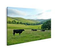 islandburner Tableau sur toile motif vaches sur prairie verte devant des collines pour salon, amis de la nature, magasin de bio, images murales
