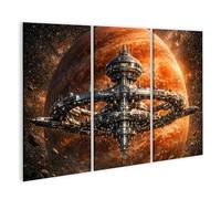 islandburner Tableau sur toile Motif vaisseau spatial futuriste dans l'espace avec planète en arrière-plan - 3 pièces