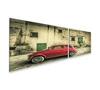 islandburner Tableau sur toile Motif voiture rouge devant une vieille façade en pierre et porte verte