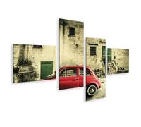 islandburner Tableau sur toile Motif voiture rouge devant une vieille façade en pierre et porte verte