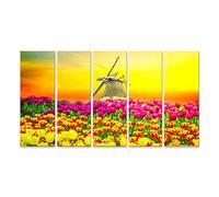 islandburner Tableau sur toile Moulin à vent hollandais sur champ de tulipes Coucher de soleil jaune coloré Hol Cadre Affiche Poster Murale Tableaux