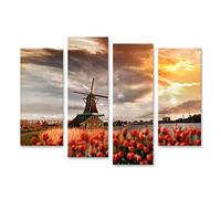 islandburner Tableau sur toile Moulins à vent hollandais traditionnels avec tulipes rouges à Zaanse Schans Amst Cadre Affiche Poster Murale Tableaux