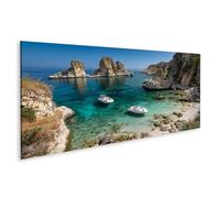islandburner Tableau sur toile murale méditerranéenne : paysage côtier ensoleillé avec bateaux - Panorama