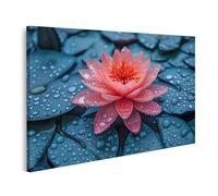islandburner Tableau sur toile Nénuphar avec gouttes de pluie sur fond bleu Images murales Poster