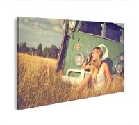 islandburner Tableau sur toile - Nostalgie d'été - Style rétro - Prairie et culte - Bus hippie - 100 x 57 cm