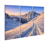 islandburner Tableau sur toile - Paysage enneigé avec montagnes et coucher de soleil - 3 pièces