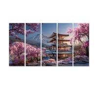 islandburner Tableau sur toile Paysage japonais avec fleurs de cerisier et pagode pour pièces à vivre - 5 pièces XXL - Edition M3