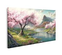 islandburner Tableau sur toile Paysage printemps paysage rivière floraison sakura vue panoramique fleur de ceri Cadre Affiche Poster Murale Tableaux