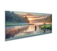islandburner Tableau sur toile Pêcheur dans la rivière brumeuse au lever du soleil Images murales Poster